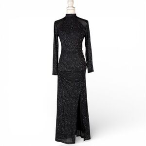 90s Black Glitter Maxi Dress Women’s M Gown Long Sleeve Mock Neck Goth Glam‎